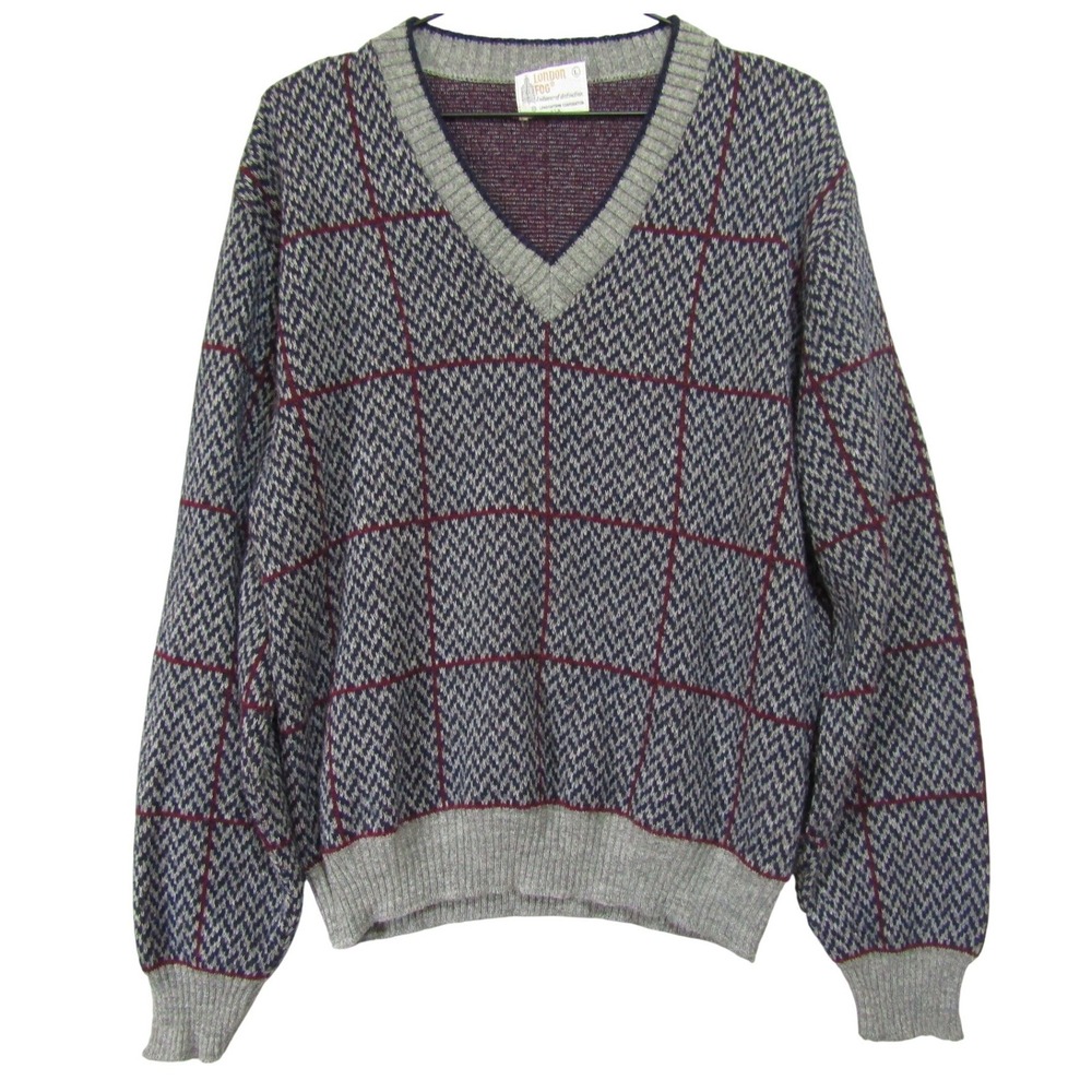 London Fog V-Neck Sweater Mens Gray Blue Burgundy Good Vintage Plaid Wool Blend